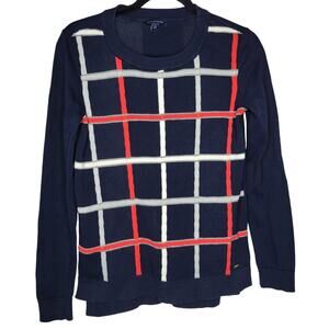 Tommy Hilfiger Windowpane Plaid Navy Crew Pullover Sweater Women Sz Small